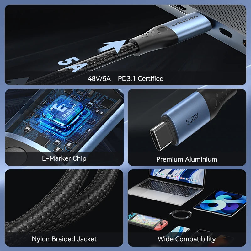 Vention 240W USB C Cable Type C Cable USB C to USB C PD3.1 Fast Charging Cord for iPhone 17 16 15 Samsung S24 Huawei Mate 80 Pro