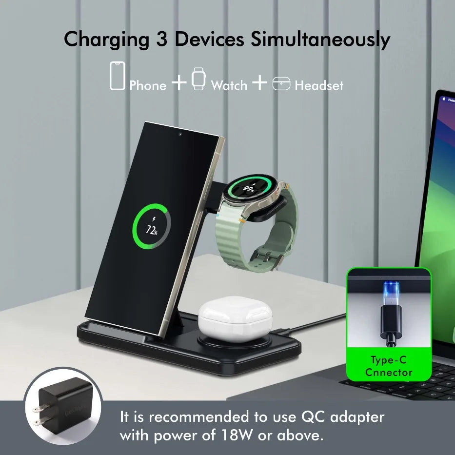3 in 1 Foldable Wireless Charger Stand For Samsung S24 S23 S22 Galaxy Watch 8 7 6 5 4 Active 1 2 Buds Pro Fast Charging Station
