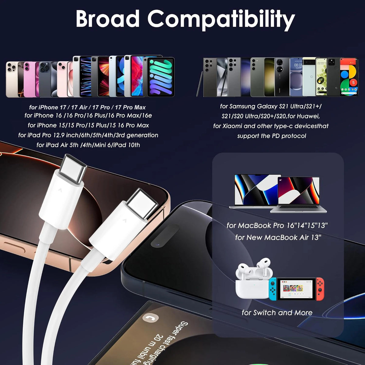 USB C to Type C Fast Charging Cable for Xiaomi Huawei Samsung Iphone 17 16 15 Series 60W Safe and Efficient Charger Line