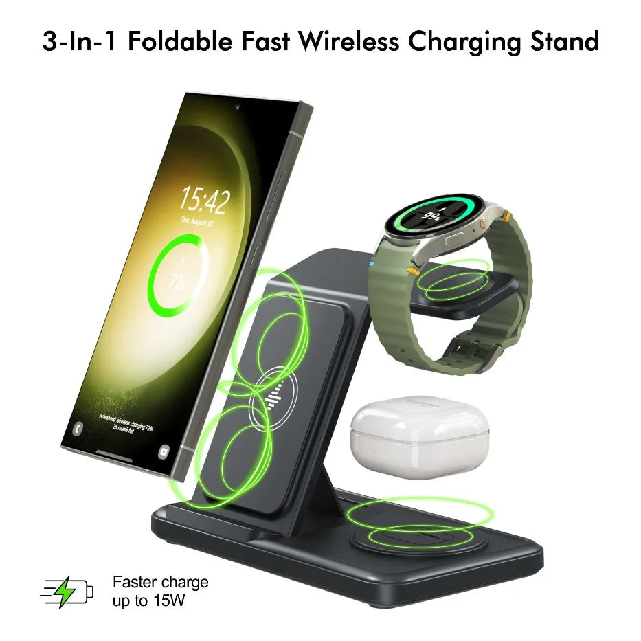 3 in 1 Foldable Wireless Charger Stand For Samsung S24 S23 S22 Galaxy Watch 8 7 6 5 4 Active 1 2 Buds Pro Fast Charging Station